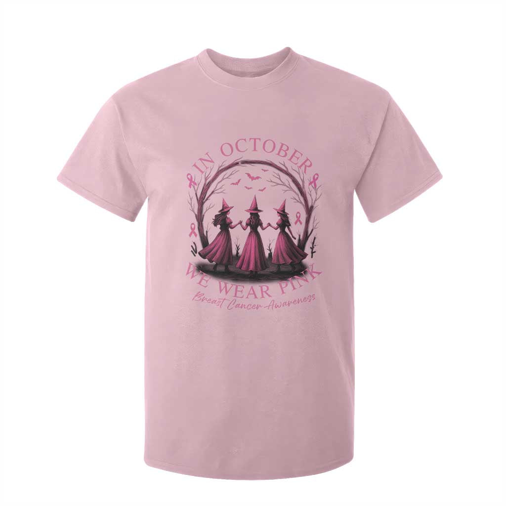 In October We Wear Pink Witches T Shirt For Kid Spooky Breast Cancer Witch Halloween Pink Ribbon TS10 Light Pink Print Your Wear