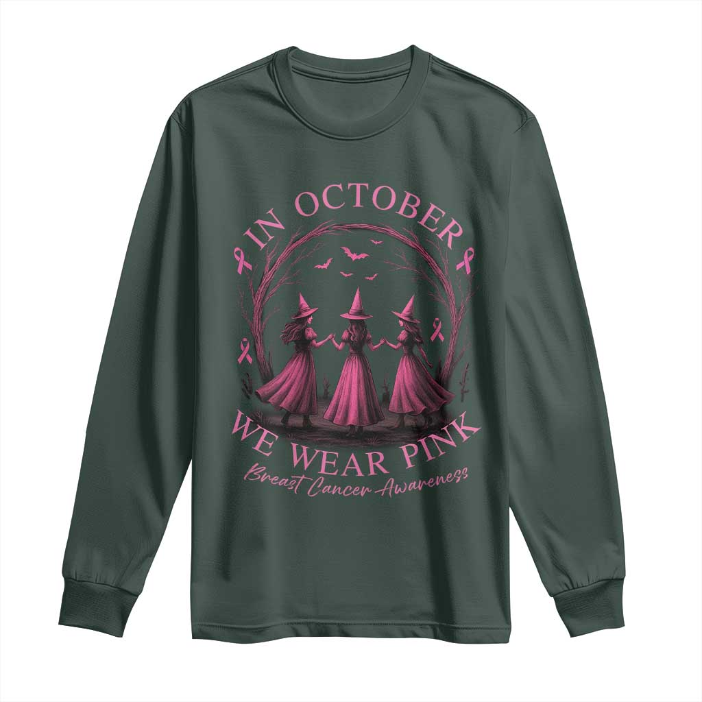 In October We Wear Pink Witches Long Sleeve Shirt Spooky Breast Cancer Witch Halloween Pink Ribbon TS10 Dark Forest Green Print Your Wear