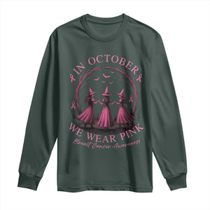 In October We Wear Pink Witches Long Sleeve Shirt Spooky Breast Cancer Witch Halloween Pink Ribbon TS10 Dark Forest Green Print Your Wear