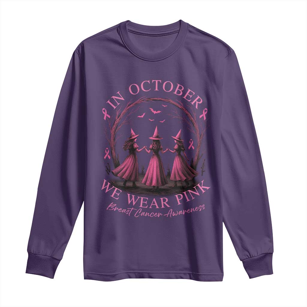 In October We Wear Pink Witches Long Sleeve Shirt Spooky Breast Cancer Witch Halloween Pink Ribbon TS10 Purple Print Your Wear
