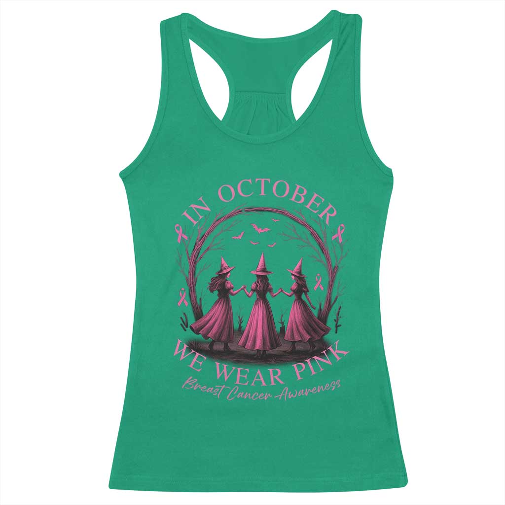 In October We Wear Pink Witches Racerback Tank Top Spooky Breast Cancer Witch Halloween Pink Ribbon TS10 Irish Green Print Your Wear