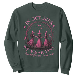 In October We Wear Pink Witches Sweatshirt Spooky Breast Cancer Witch Halloween Pink Ribbon TS10 Dark Forest Green Print Your Wear