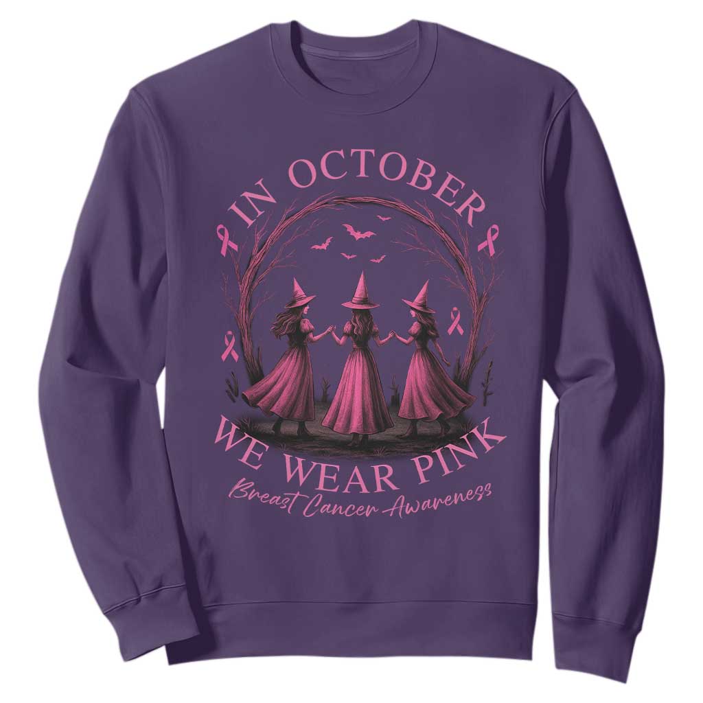 In October We Wear Pink Witches Sweatshirt Spooky Breast Cancer Witch Halloween Pink Ribbon TS10 Purple Print Your Wear