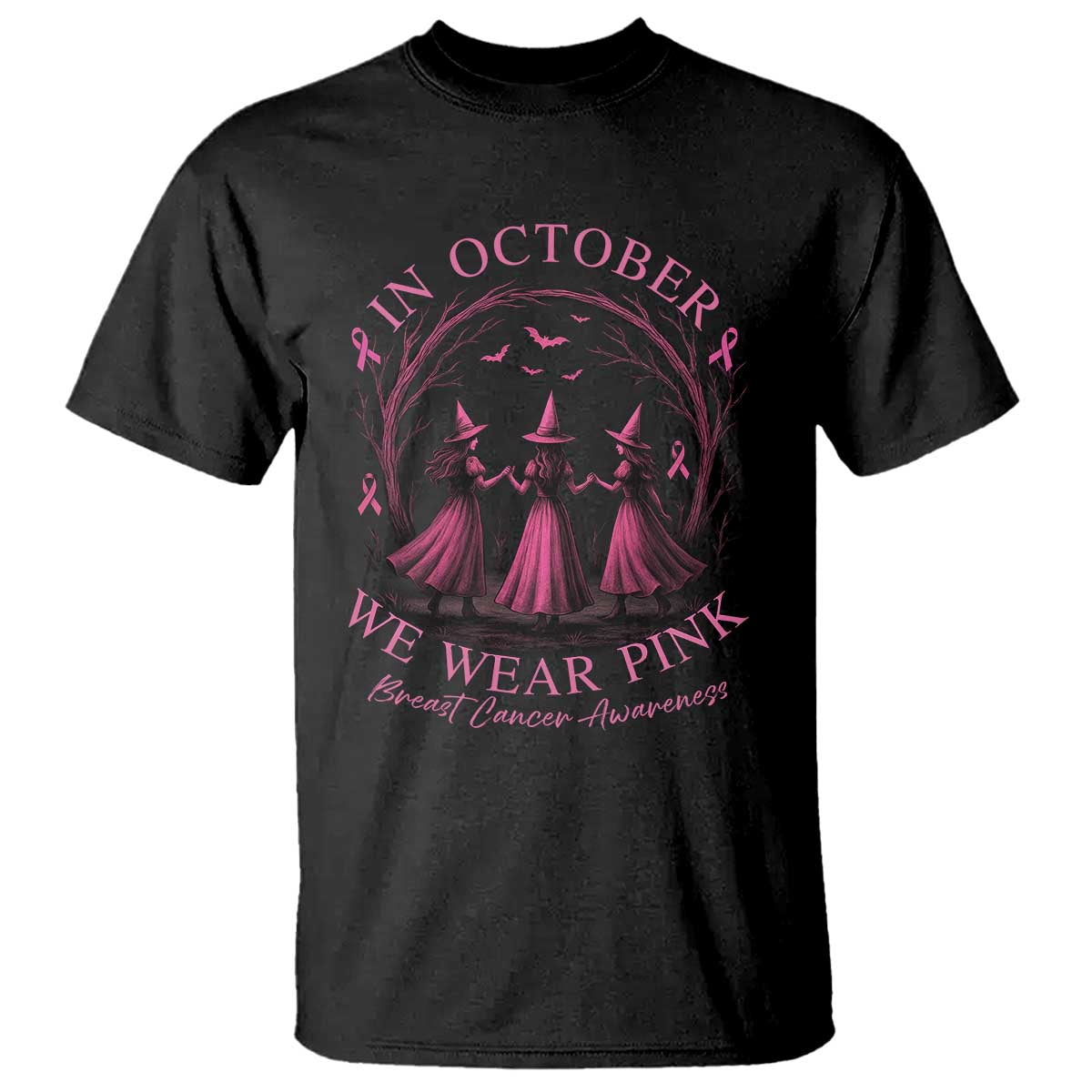In October We Wear Pink Witches T Shirt Spooky Breast Cancer Witch Halloween Pink Ribbon TS10 Black Print Your Wear
