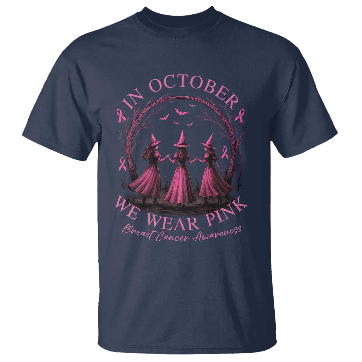 In October We Wear Pink Witches T Shirt Spooky Breast Cancer Witch Halloween Pink Ribbon TS10 Navy Print Your Wear