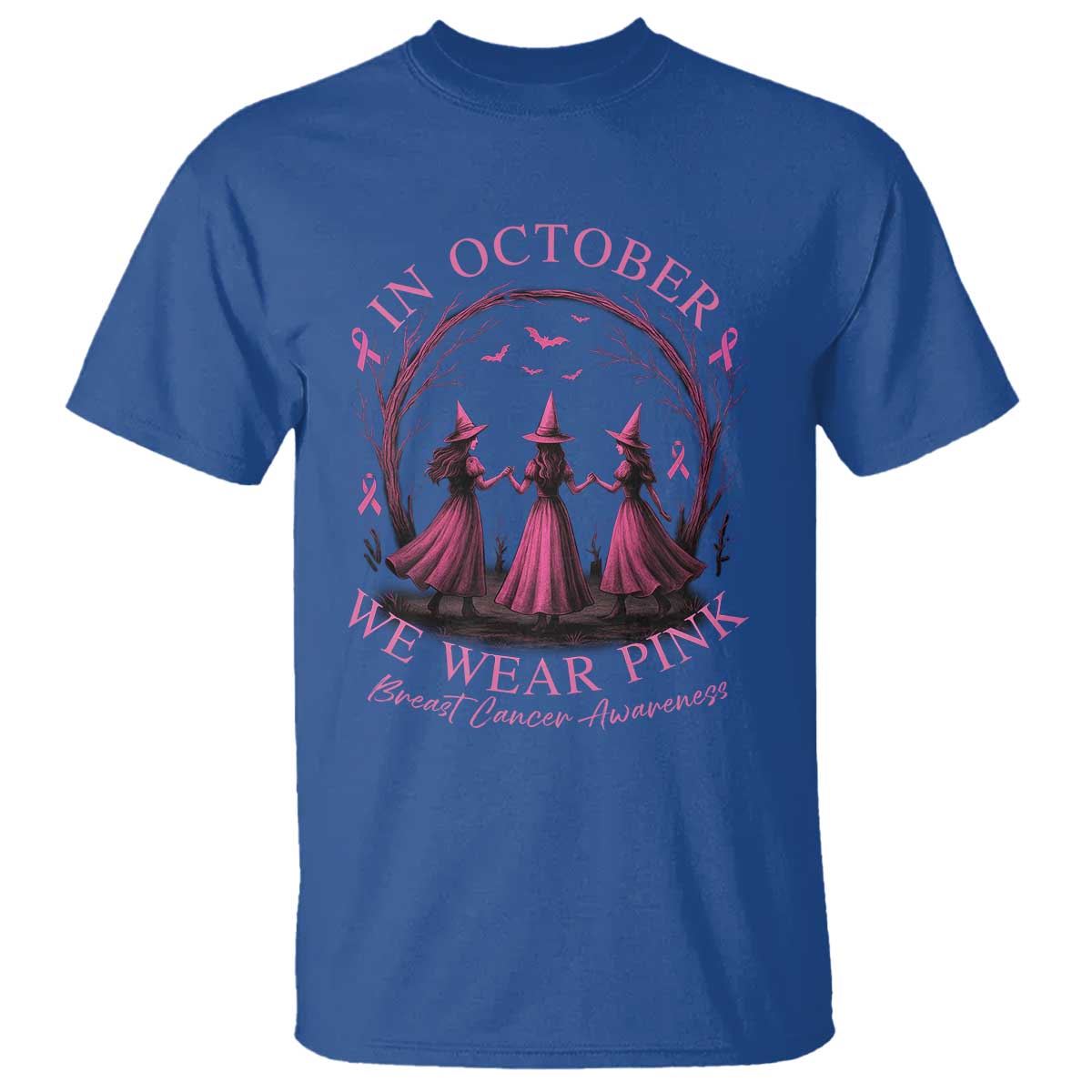 In October We Wear Pink Witches T Shirt Spooky Breast Cancer Witch Halloween Pink Ribbon TS10 Royal Blue Print Your Wear