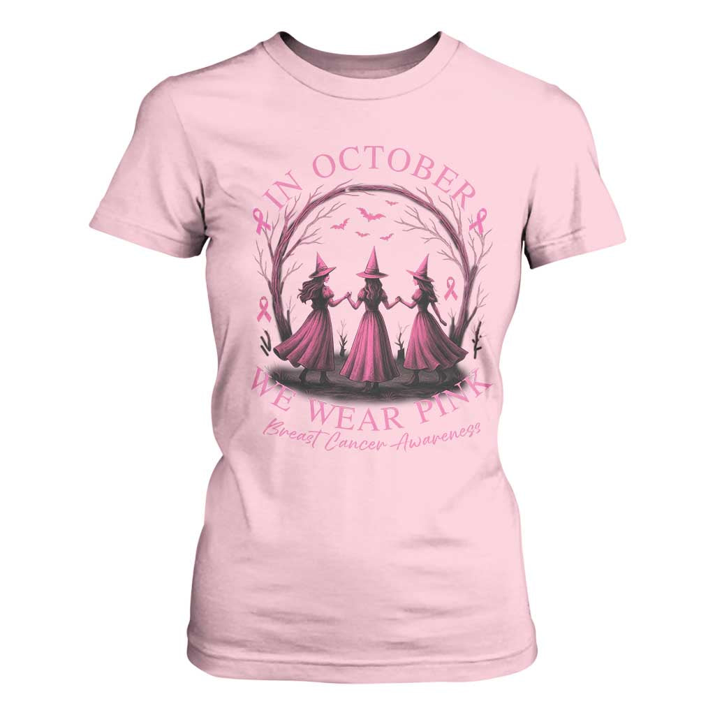 In October We Wear Pink Witches T Shirt For Women Spooky Breast Cancer Witch Halloween Pink Ribbon TS10 Light Pink Print Your Wear