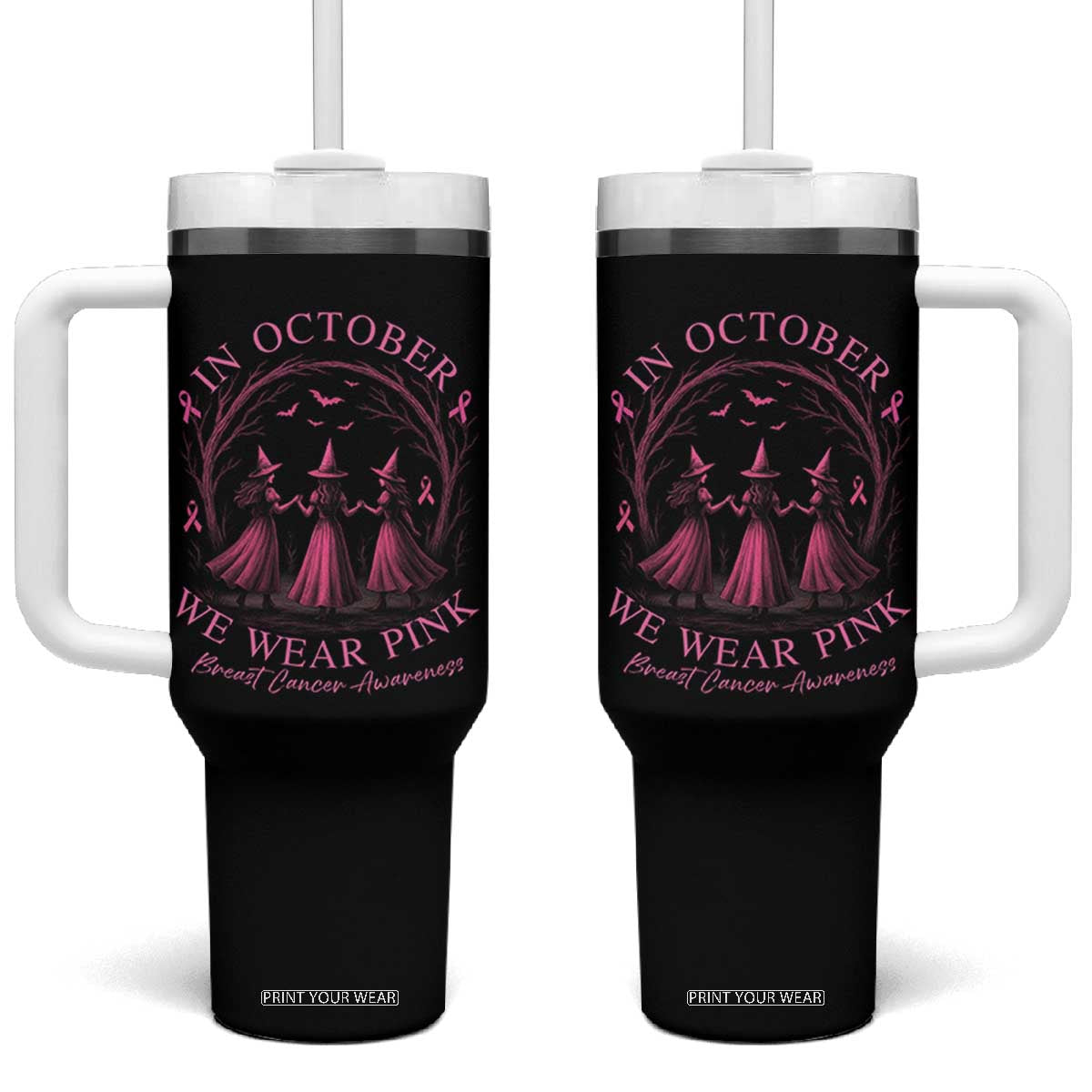 In October We Wear Pink Witches Tumbler With Handle Spooky Breast Cancer Witch Halloween Pink Ribbon TS10 One Size: 40 oz Black Print Your Wear