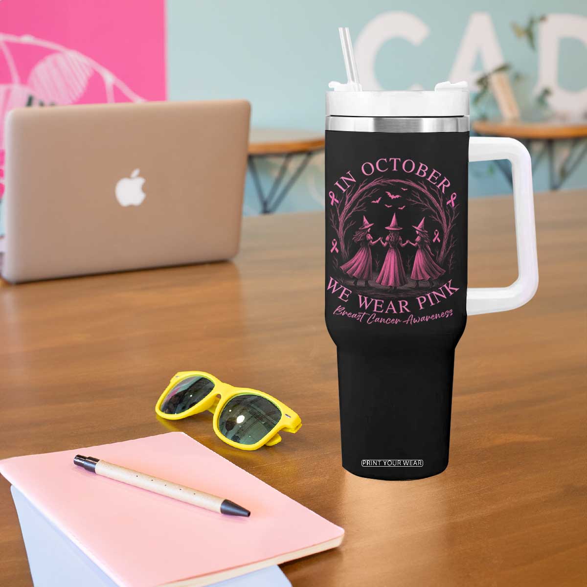 In October We Wear Pink Witches Tumbler With Handle Spooky Breast Cancer Witch Halloween Pink Ribbon TS10 Print Your Wear