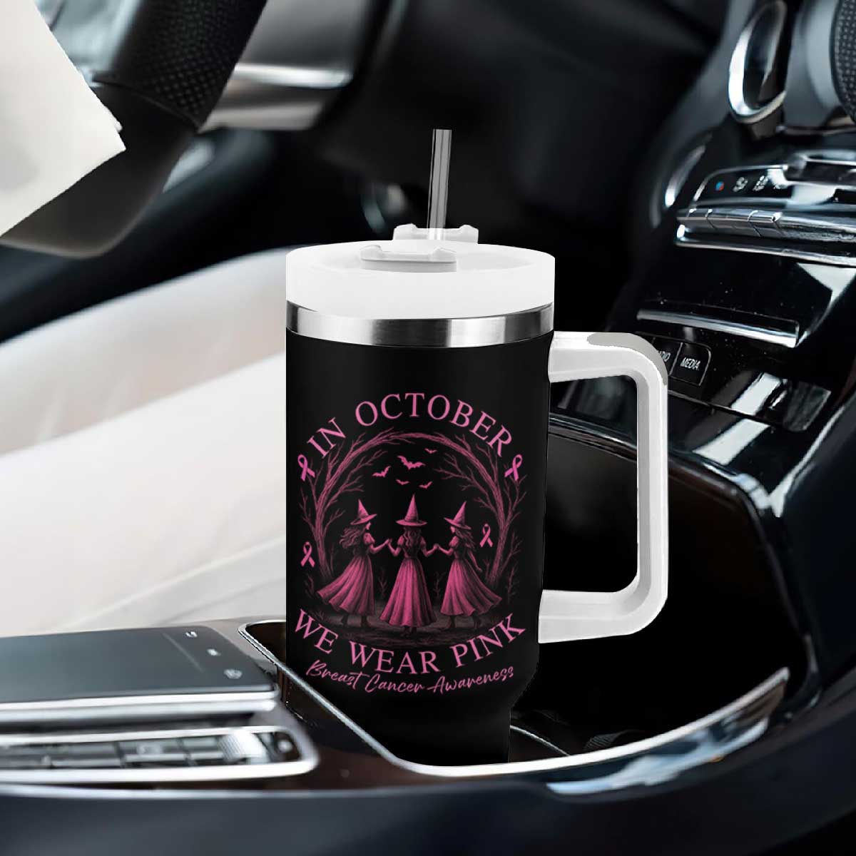 In October We Wear Pink Witches Tumbler With Handle Spooky Breast Cancer Witch Halloween Pink Ribbon TS10 Print Your Wear