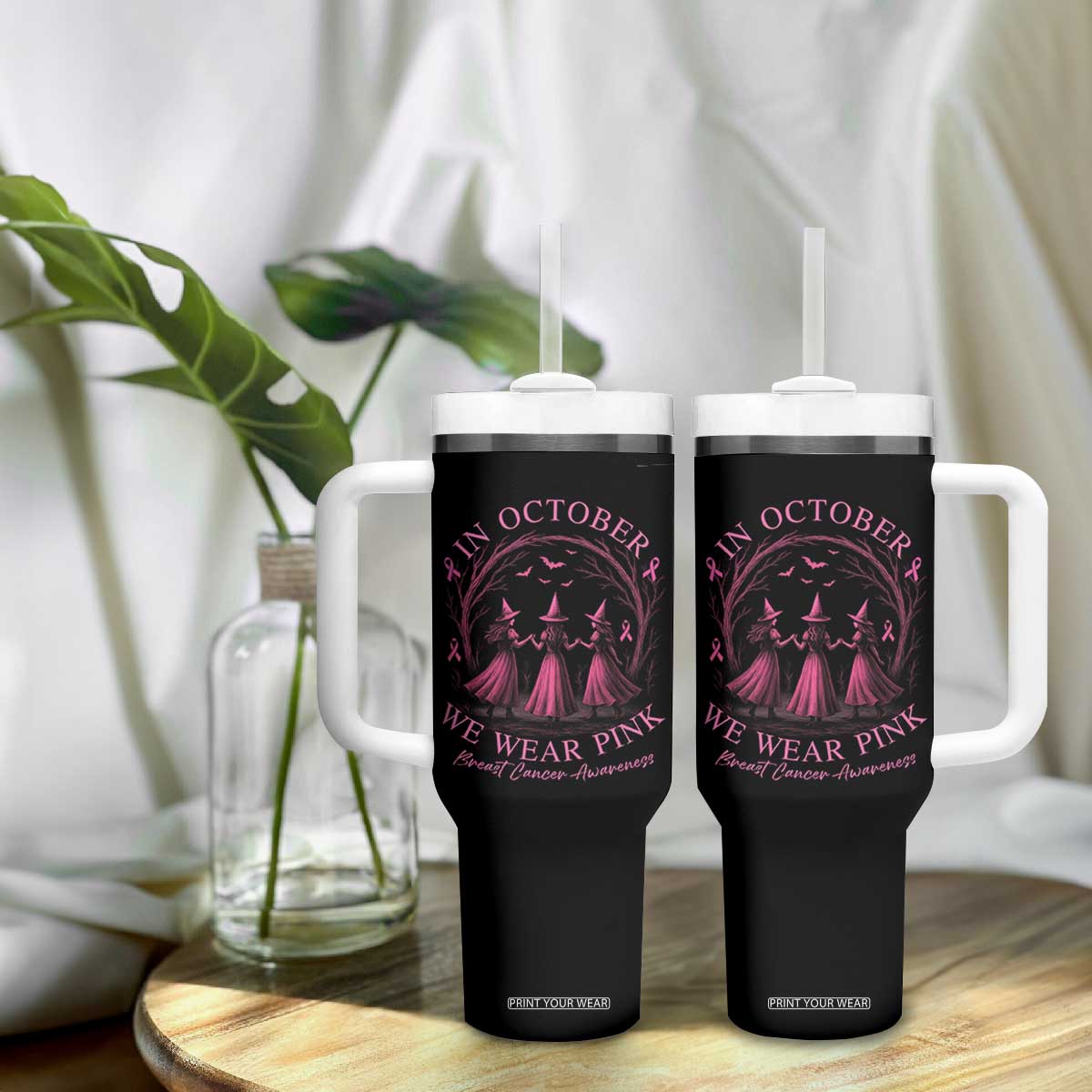 In October We Wear Pink Witches Tumbler With Handle Spooky Breast Cancer Witch Halloween Pink Ribbon TS10 Print Your Wear