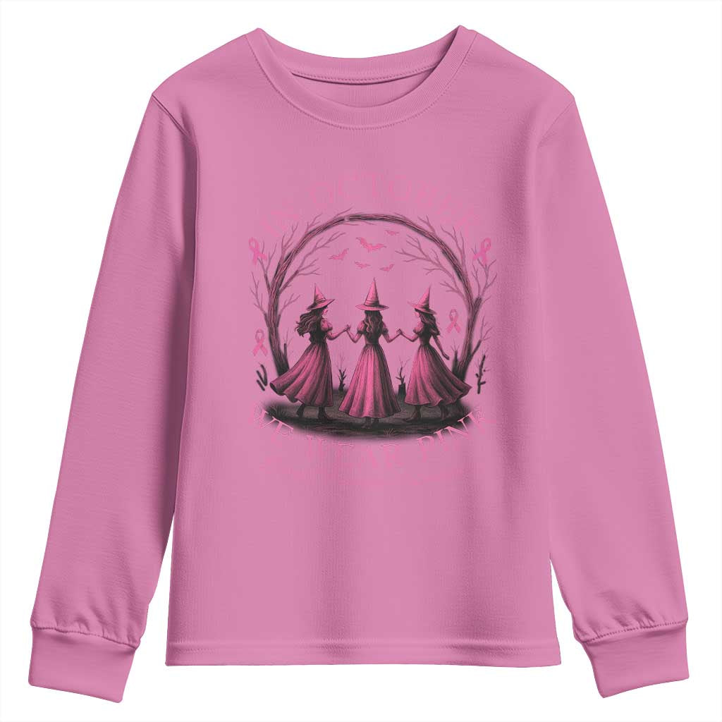 In October We Wear Pink Witches Youth Sweatshirt Spooky Breast Cancer Witch Halloween Pink Ribbon TS10 Azalea Print Your Wear