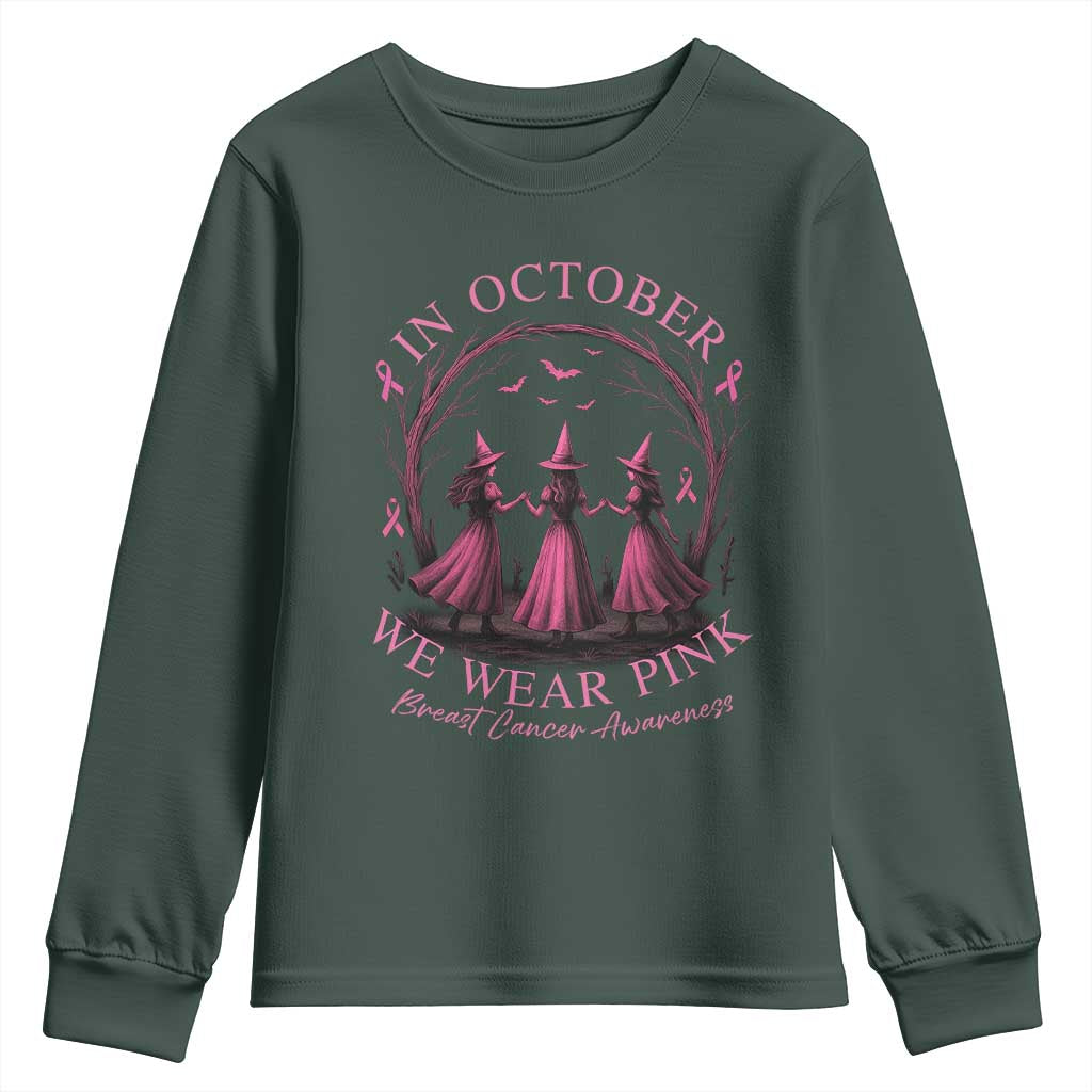 In October We Wear Pink Witches Youth Sweatshirt Spooky Breast Cancer Witch Halloween Pink Ribbon TS10 Dark Forest Green Print Your Wear