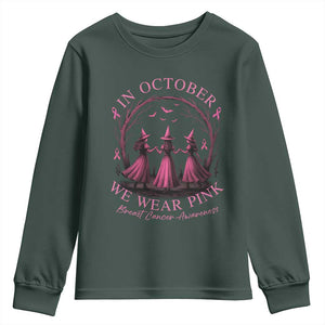 In October We Wear Pink Witches Youth Sweatshirt Spooky Breast Cancer Witch Halloween Pink Ribbon TS10 Dark Forest Green Print Your Wear