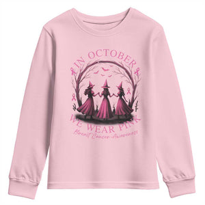 In October We Wear Pink Witches Youth Sweatshirt Spooky Breast Cancer Witch Halloween Pink Ribbon TS10 Light Pink Print Your Wear