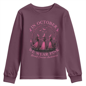 In October We Wear Pink Witches Youth Sweatshirt Spooky Breast Cancer Witch Halloween Pink Ribbon TS10 Maroon Print Your Wear