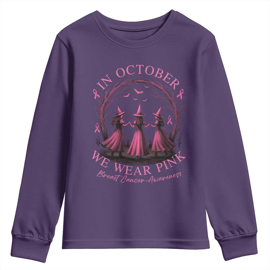 In October We Wear Pink Witches Youth Sweatshirt Spooky Breast Cancer Witch Halloween Pink Ribbon TS10 Purple Print Your Wear