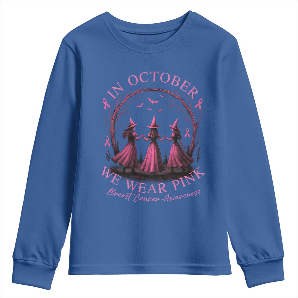 In October We Wear Pink Witches Youth Sweatshirt Spooky Breast Cancer Witch Halloween Pink Ribbon TS10 Royal Blue Print Your Wear