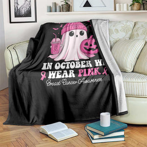 In October We Wear Pink Ghost Throw Blanket Halloween Breast Cancer Pink Ribbon Pumpkin TS10 Print Your Wear