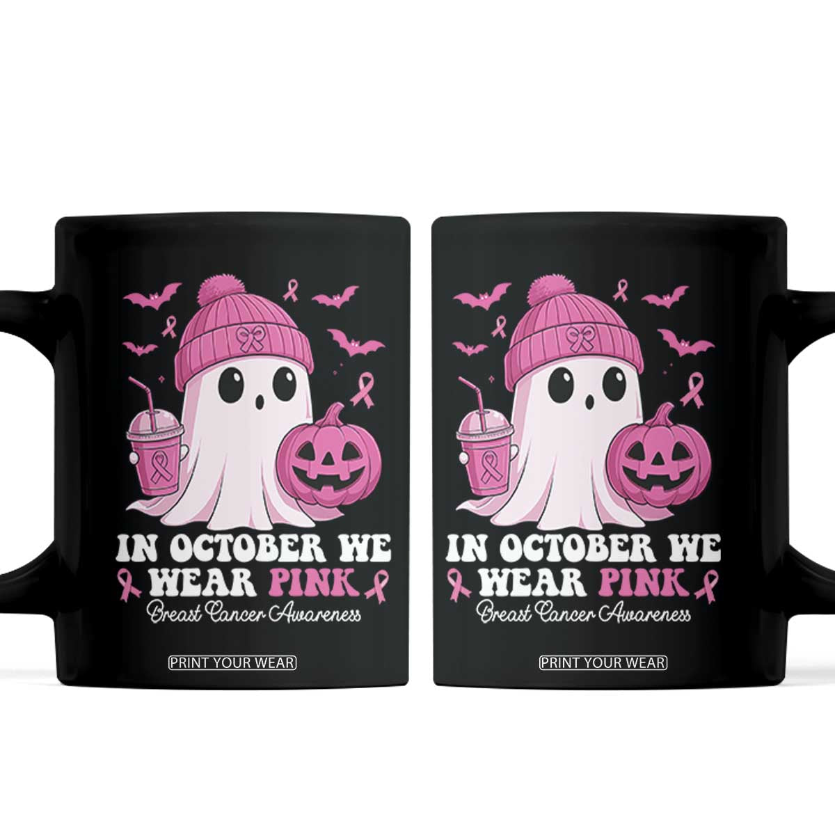 In October We Wear Pink Ghost Coffee Mug Halloween Breast Cancer Pink Ribbon Pumpkin TS10 Black Print Your Wear