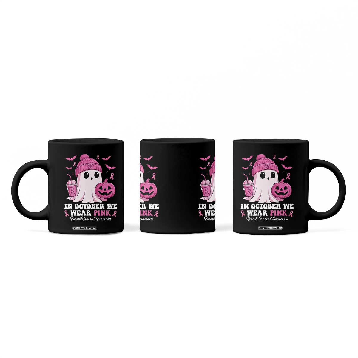 In October We Wear Pink Ghost Coffee Mug Halloween Breast Cancer Pink Ribbon Pumpkin TS10 Print Your Wear