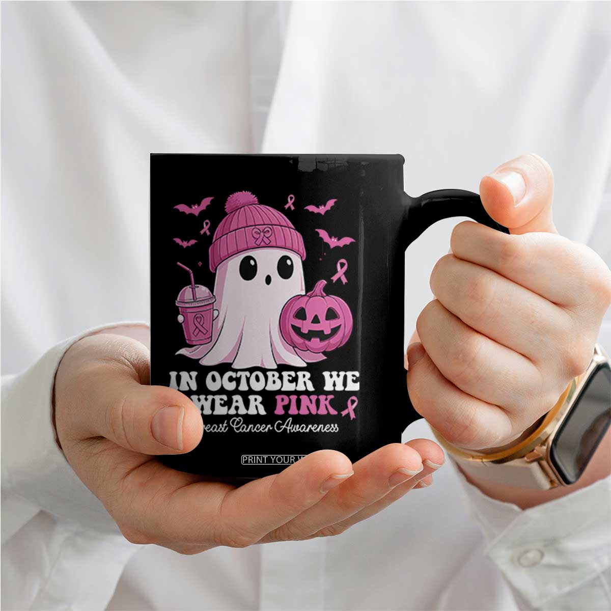 In October We Wear Pink Ghost Coffee Mug Halloween Breast Cancer Pink Ribbon Pumpkin TS10 Print Your Wear
