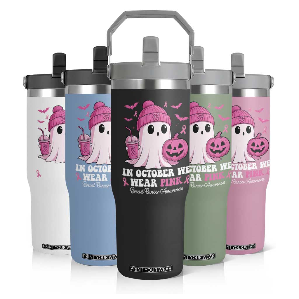 In October We Wear Pink Ghost Flip Straw Tumbler Halloween Breast Cancer Pink Ribbon Pumpkin TS10 Print Your Wear
