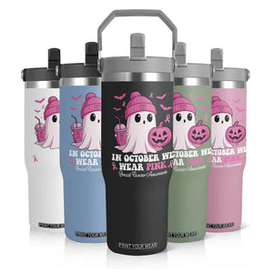 In October We Wear Pink Ghost Flip Straw Tumbler Halloween Breast Cancer Pink Ribbon Pumpkin TS10 Print Your Wear