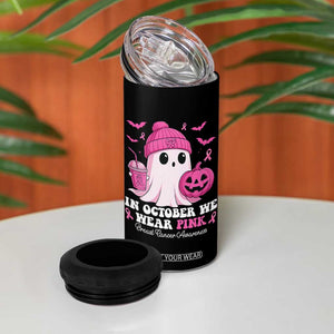 In October We Wear Pink Ghost 4 in 1 Can Cooler Tumbler Halloween Breast Cancer Pink Ribbon Pumpkin TS10 Print Your Wear