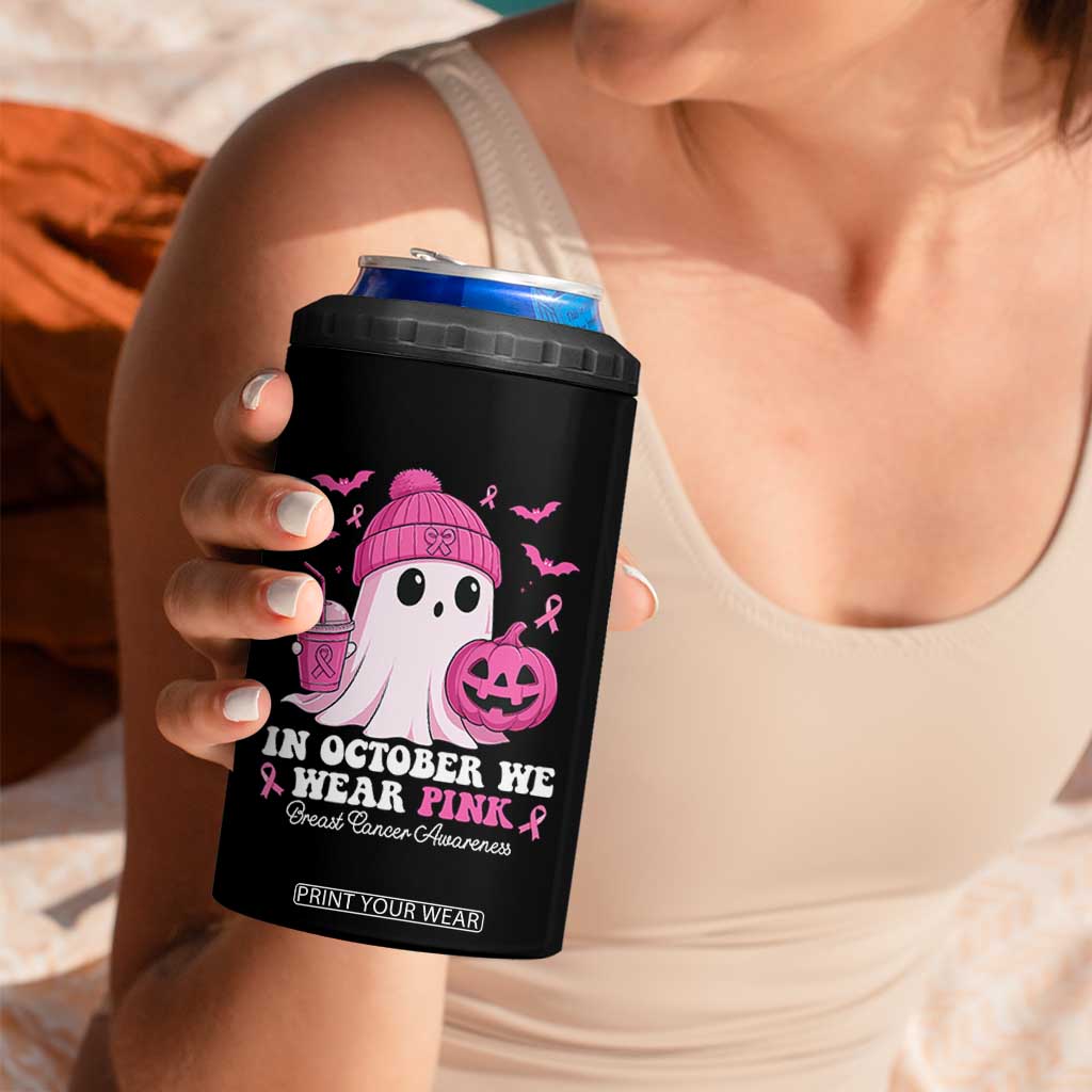 In October We Wear Pink Ghost 4 in 1 Can Cooler Tumbler Halloween Breast Cancer Pink Ribbon Pumpkin TS10 Print Your Wear