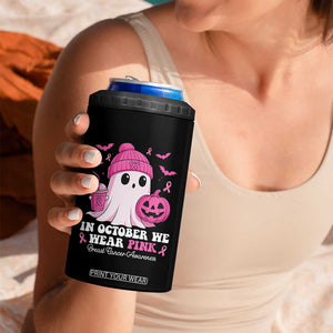 In October We Wear Pink Ghost 4 in 1 Can Cooler Tumbler Halloween Breast Cancer Pink Ribbon Pumpkin TS10 Print Your Wear