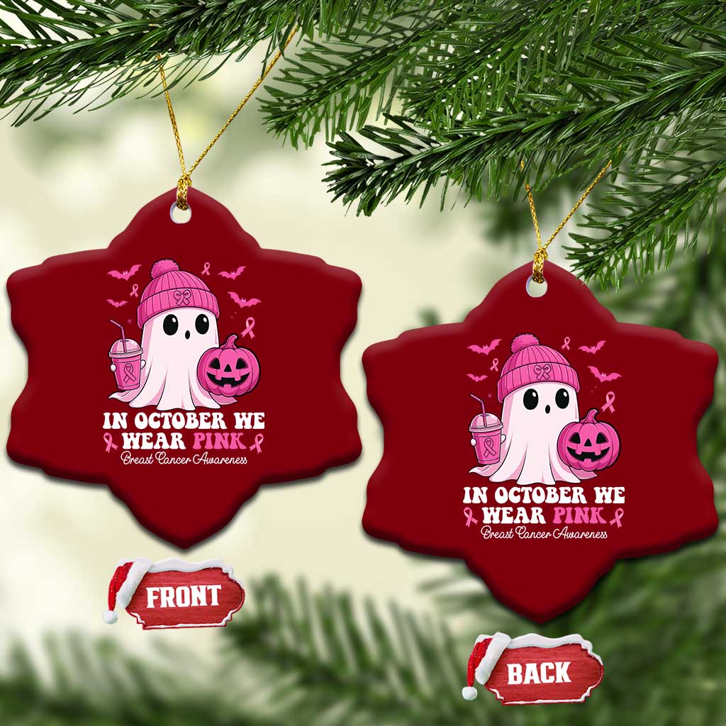 In October We Wear Pink Ghost Ceramic Ornament Halloween Breast Cancer Pink Ribbon Pumpkin TS10 Print Your Wear