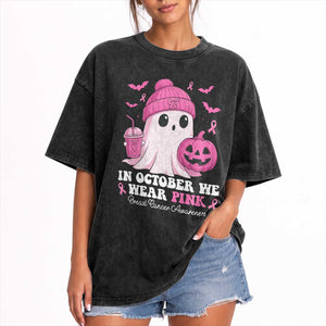 In October We Wear Pink Ghost Washed Cotton T-Shirt Halloween Breast Cancer Pink Ribbon Pumpkin