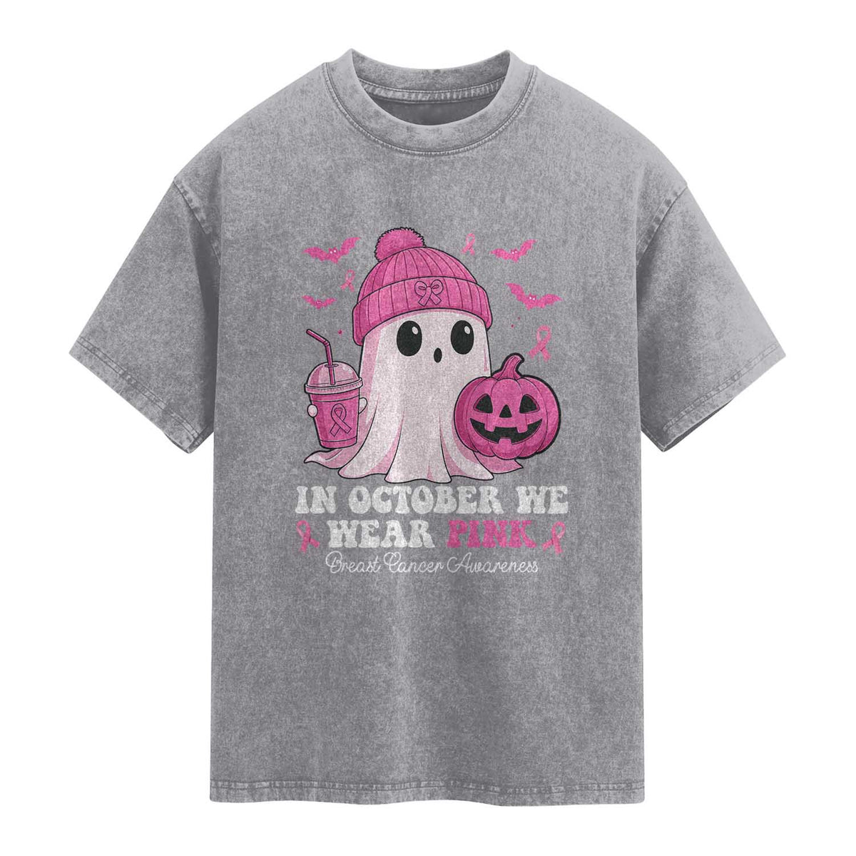 In October We Wear Pink Ghost Washed Cotton T-Shirt Halloween Breast Cancer Pink Ribbon Pumpkin