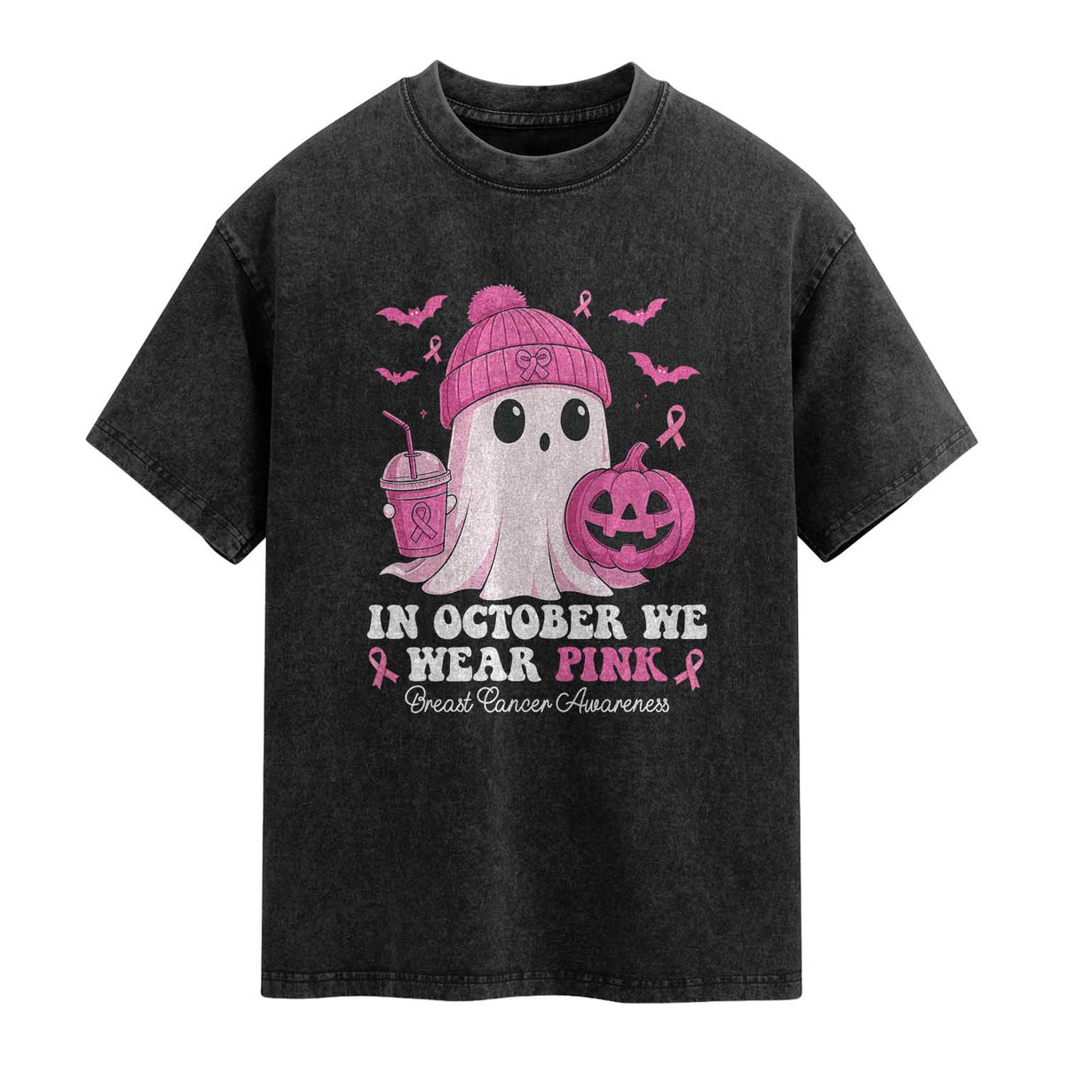 In October We Wear Pink Ghost Washed Cotton T-Shirt Halloween Breast Cancer Pink Ribbon Pumpkin