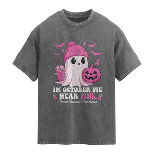 In October We Wear Pink Ghost Washed Cotton T-Shirt Halloween Breast Cancer Pink Ribbon Pumpkin