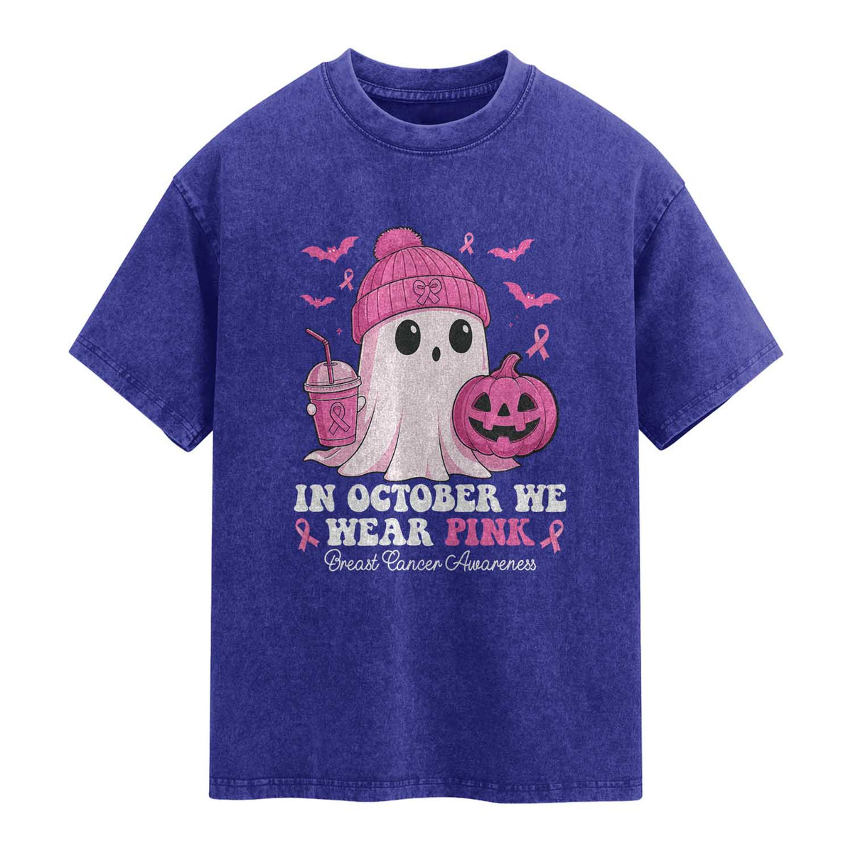 In October We Wear Pink Ghost Washed Cotton T-Shirt Halloween Breast Cancer Pink Ribbon Pumpkin