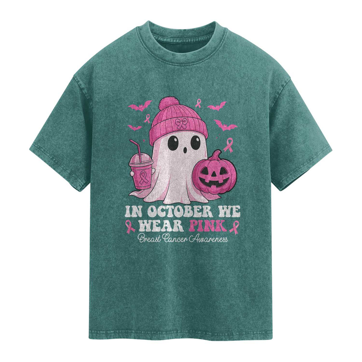 In October We Wear Pink Ghost Washed Cotton T-Shirt Halloween Breast Cancer Pink Ribbon Pumpkin
