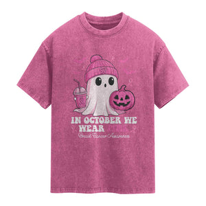 In October We Wear Pink Ghost Washed Cotton T-Shirt Halloween Breast Cancer Pink Ribbon Pumpkin