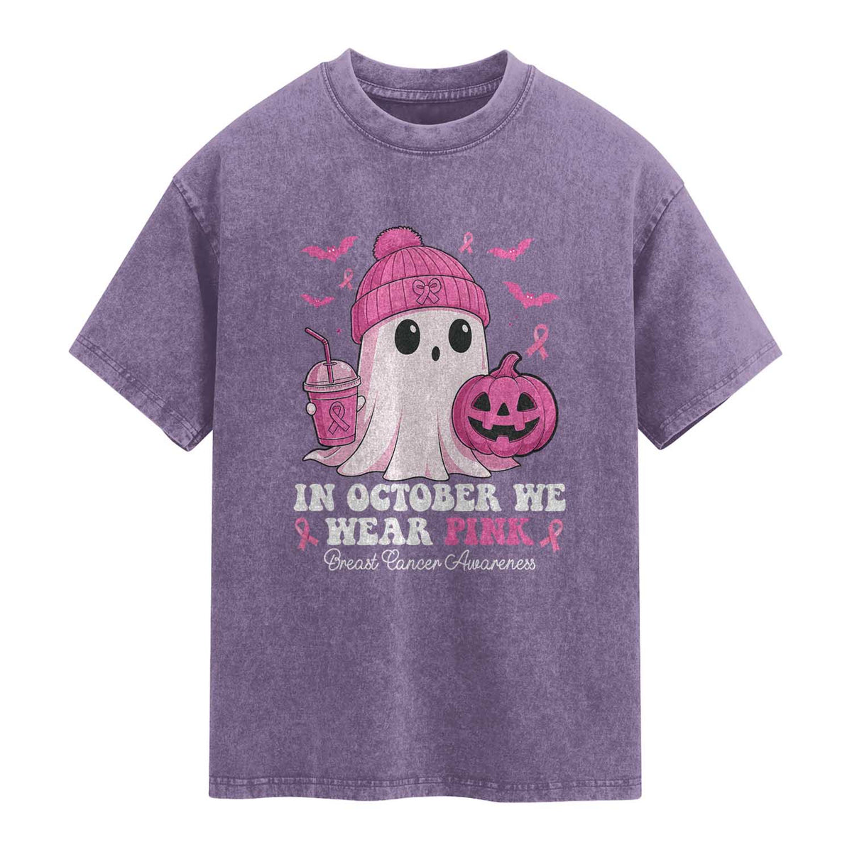 In October We Wear Pink Ghost Washed Cotton T-Shirt Halloween Breast Cancer Pink Ribbon Pumpkin