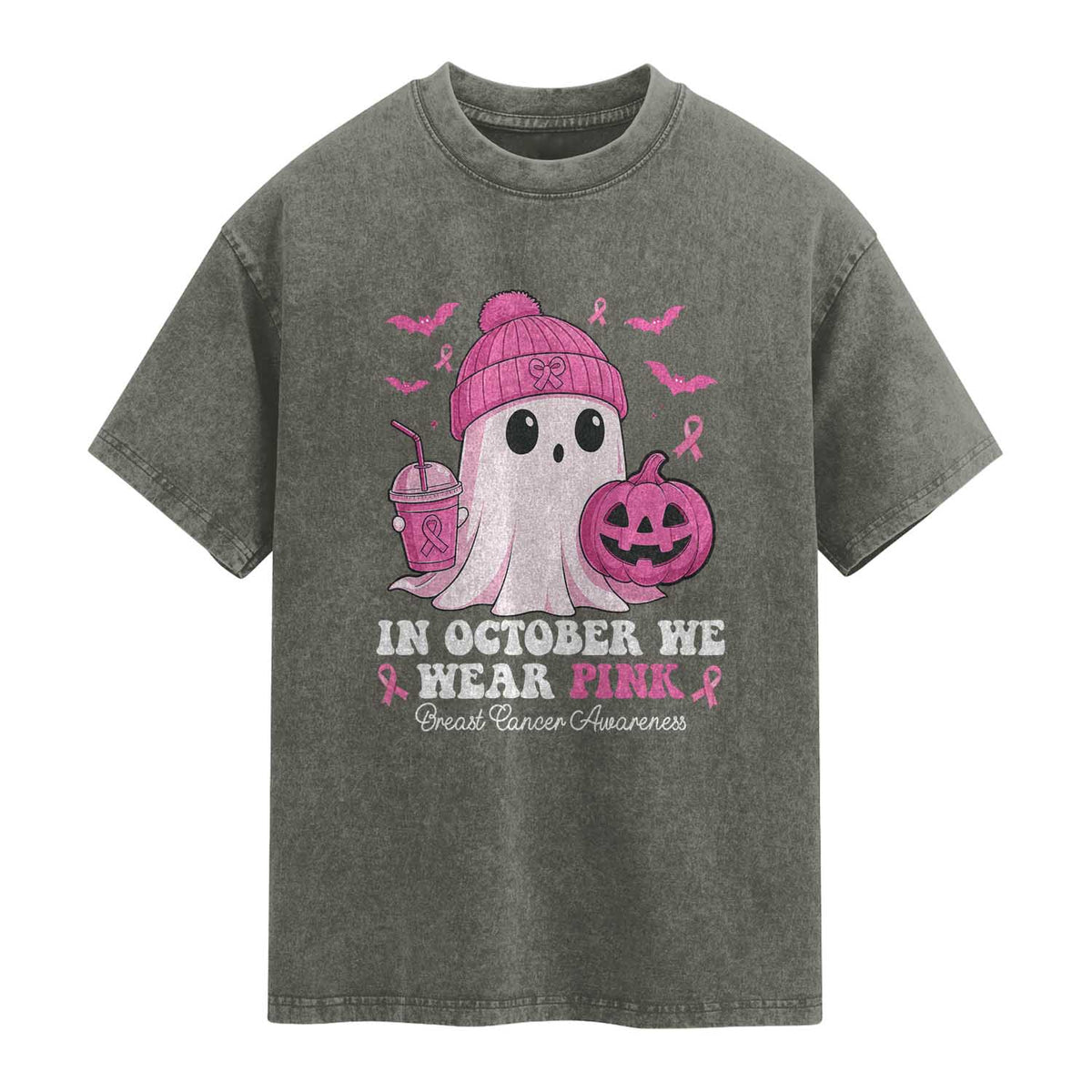 In October We Wear Pink Ghost Washed Cotton T-Shirt Halloween Breast Cancer Pink Ribbon Pumpkin