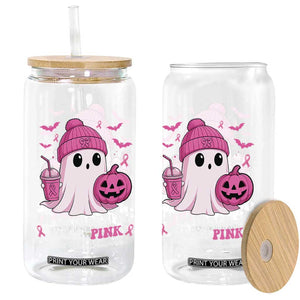 In October We Wear Pink Ghost Glass Can Halloween Breast Cancer Pink Ribbon Pumpkin TS10 Print Your Wear