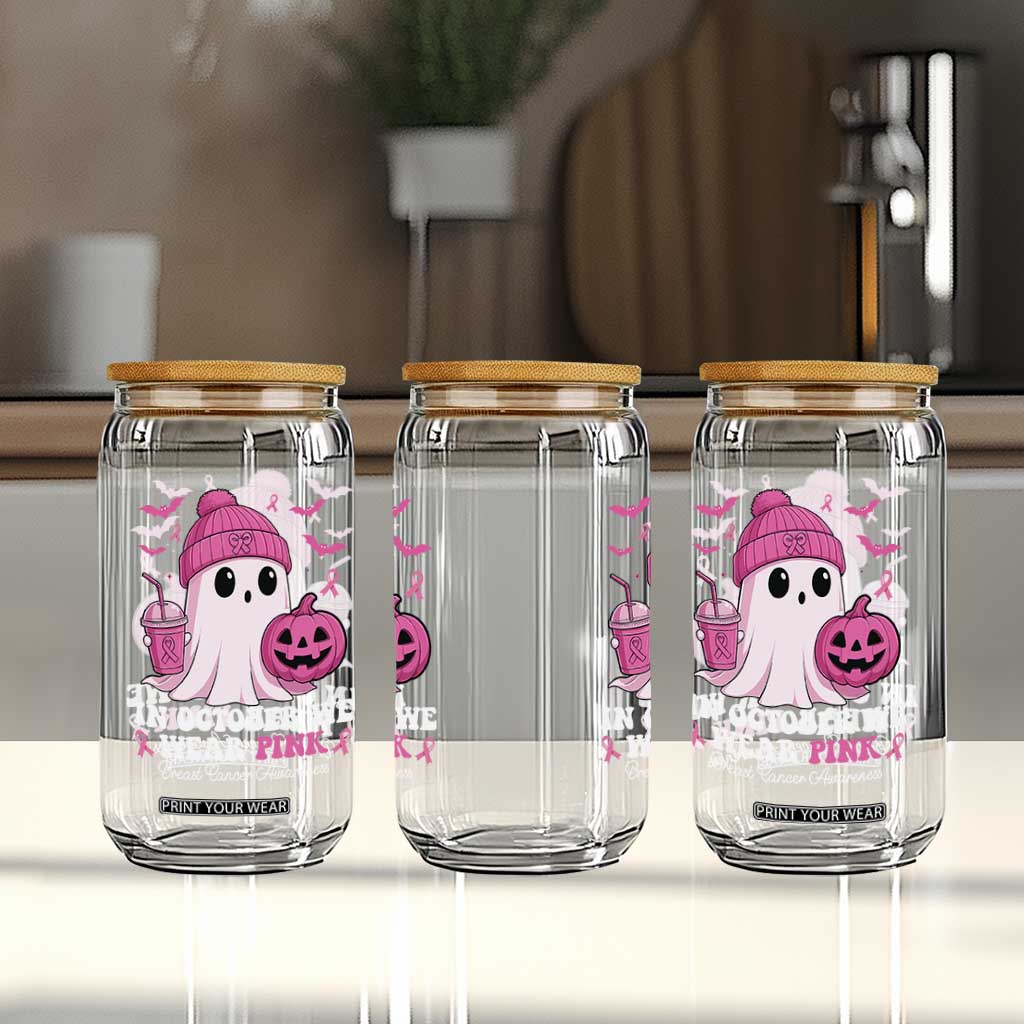 In October We Wear Pink Ghost Glass Can Halloween Breast Cancer Pink Ribbon Pumpkin TS10 Print Your Wear