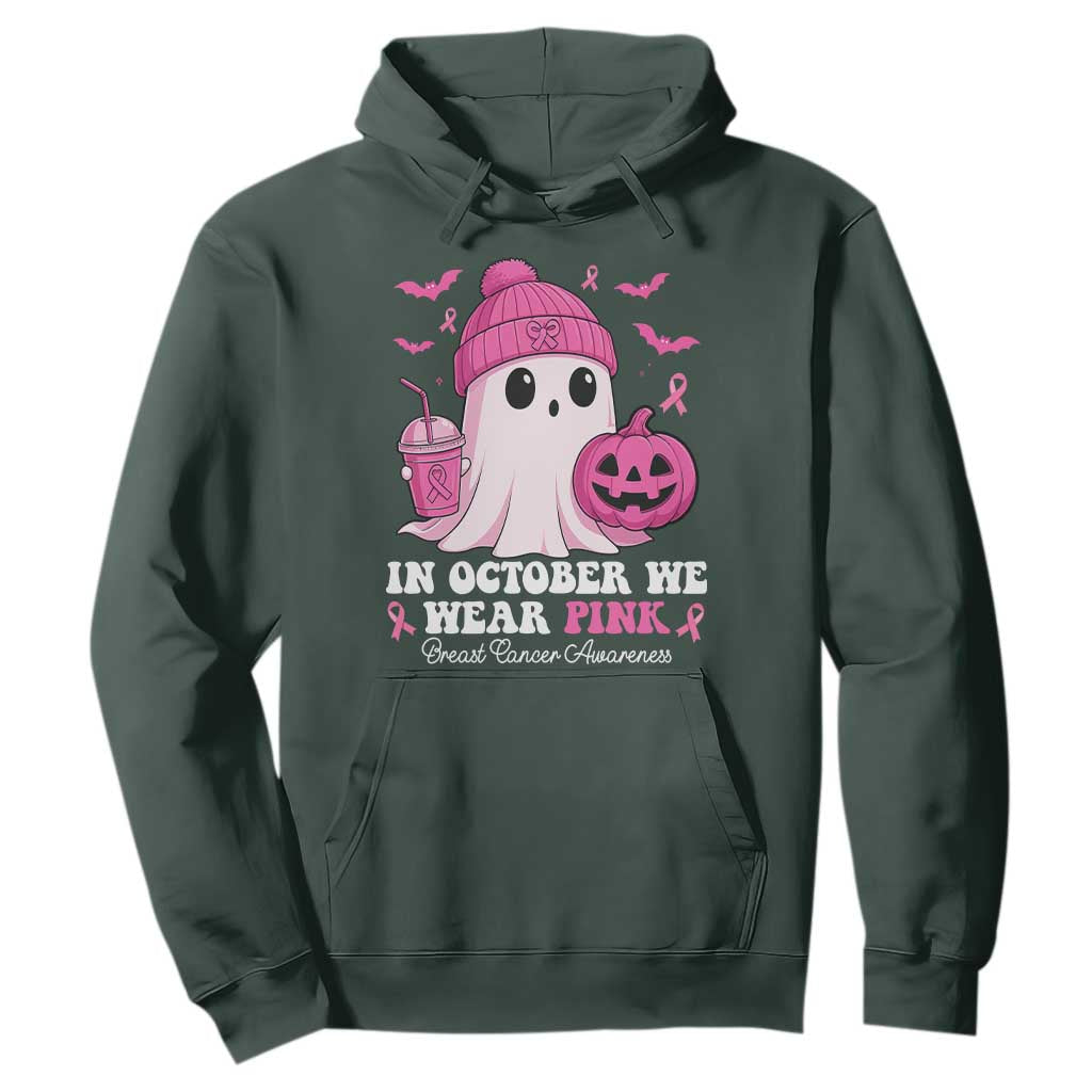 In October We Wear Pink Ghost Hoodie Halloween Breast Cancer Pink Ribbon Pumpkin TS10 Dark Forest Green Print Your Wear