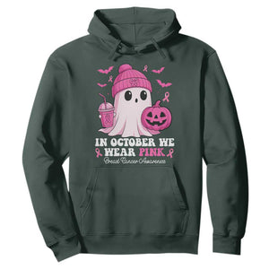 In October We Wear Pink Ghost Hoodie Halloween Breast Cancer Pink Ribbon Pumpkin TS10 Dark Forest Green Print Your Wear