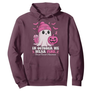 In October We Wear Pink Ghost Hoodie Halloween Breast Cancer Pink Ribbon Pumpkin TS10 Maroon Print Your Wear