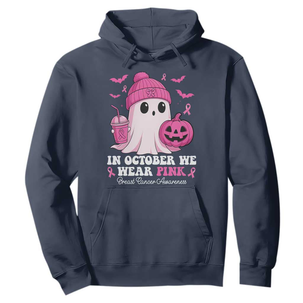 In October We Wear Pink Ghost Hoodie Halloween Breast Cancer Pink Ribbon Pumpkin TS10 Navy Print Your Wear