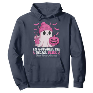 In October We Wear Pink Ghost Hoodie Halloween Breast Cancer Pink Ribbon Pumpkin TS10 Navy Print Your Wear