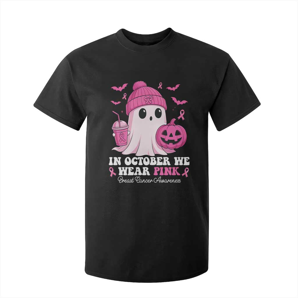 In October We Wear Pink Ghost T Shirt For Kid Halloween Breast Cancer Pink Ribbon Pumpkin TS10 Black Print Your Wear
