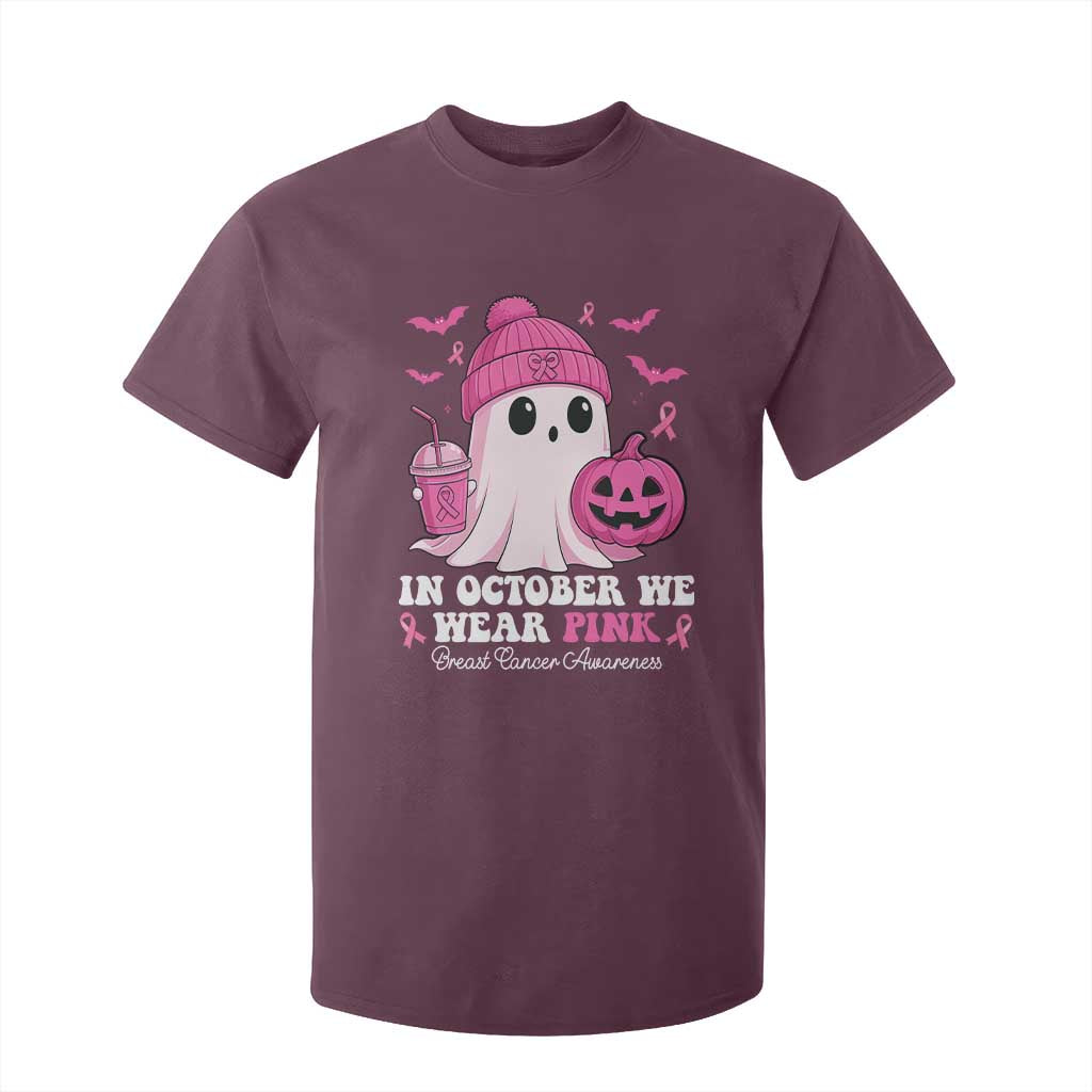 In October We Wear Pink Ghost T Shirt For Kid Halloween Breast Cancer Pink Ribbon Pumpkin TS10 Maroon Print Your Wear